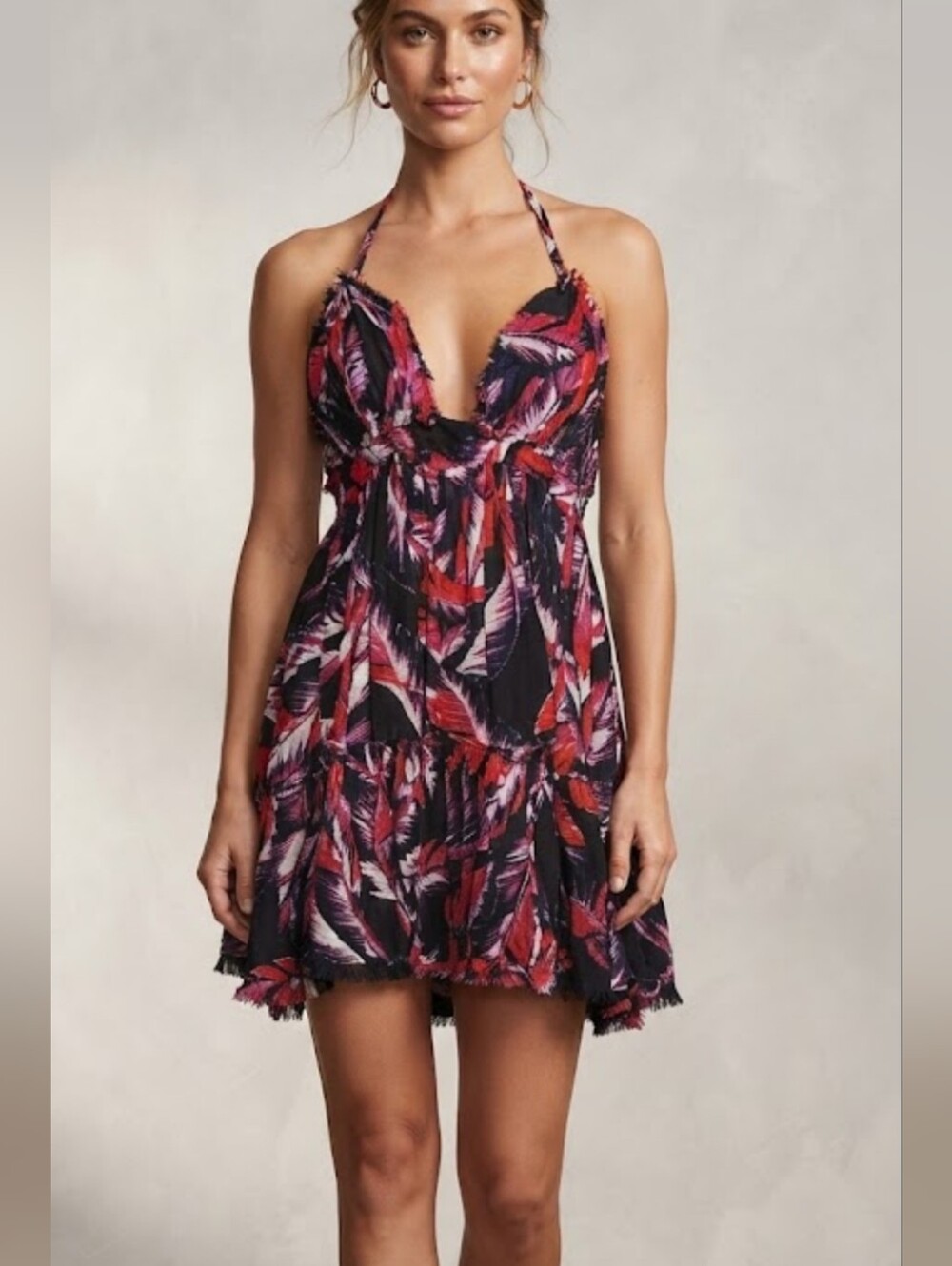 Free People Black Mini Dress with Pink & Red Feather Motif